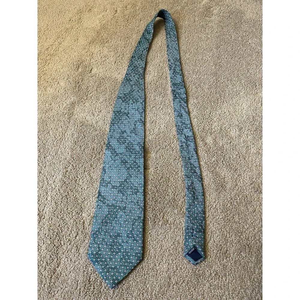 Hervé Monsigny Paris Vintage 100% Silk Designer Necktie Green Floral Geometric